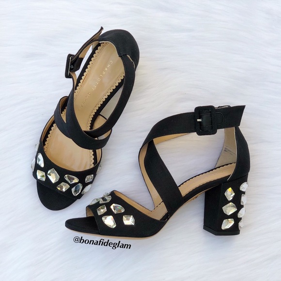 Charlotte Olympia Shoes - Charlotte Olympia women’s Blanche bejeweled black linen sandal IT 38.5 US 8.5